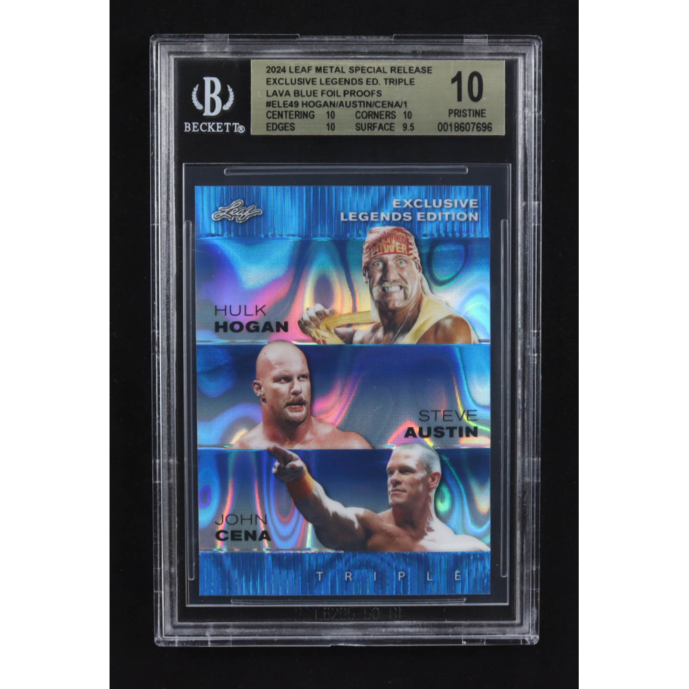 Steve Austin / Hulk Hogan / John Cena 2024 Leaf Metal Special Release Exclusive Legends Ed. Triple Lava Blue Foil Proofs #ELE49 (BGS 10) at PristineAuction.com