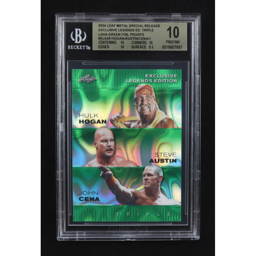 Steve Austin / Hulk Hogan / John Cena 2024 Leaf Metal Special Release Exclusive Legends Ed. Triple Lava Green Foil Proofs #ELE49 (BGS 10) at PristineAuction.com