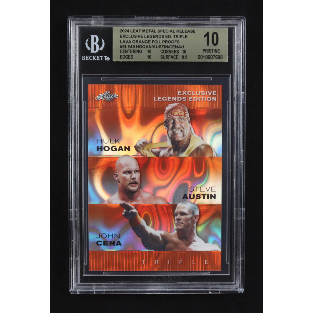 Steve Austin / Hulk Hogan / John Cena 2024 Leaf Metal Special Release Exclusive Legends Ed. Triple Lava Orange Foil Proofs #ELE49 (BGS 10) at PristineAuction.com