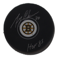 Gerry Cheevers Signed Bruins Logo Hockey Puck Inscribed "HOF 85" (Schwartz) at PristineAuction.com
