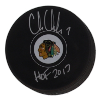 Chris Chelios Signed Blackhawks Logo Hockey Puck Inscribed "HOF 2013" (Schwartz) at PristineAuction.com