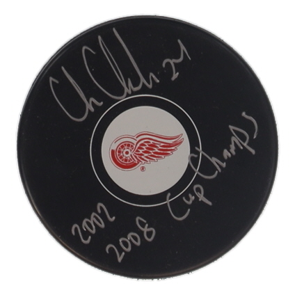 Chris Chelios Signed Red Wings Logo Hockey Puck Inscribed "2002, 08 Cup Champs" (Schwartz) at PristineAuction.com Chris Chelios Signed Red Wings Logo Hockey Puck Inscribed "2002, 08 Cup Champs" (Schwartz) at PristineAuction.com