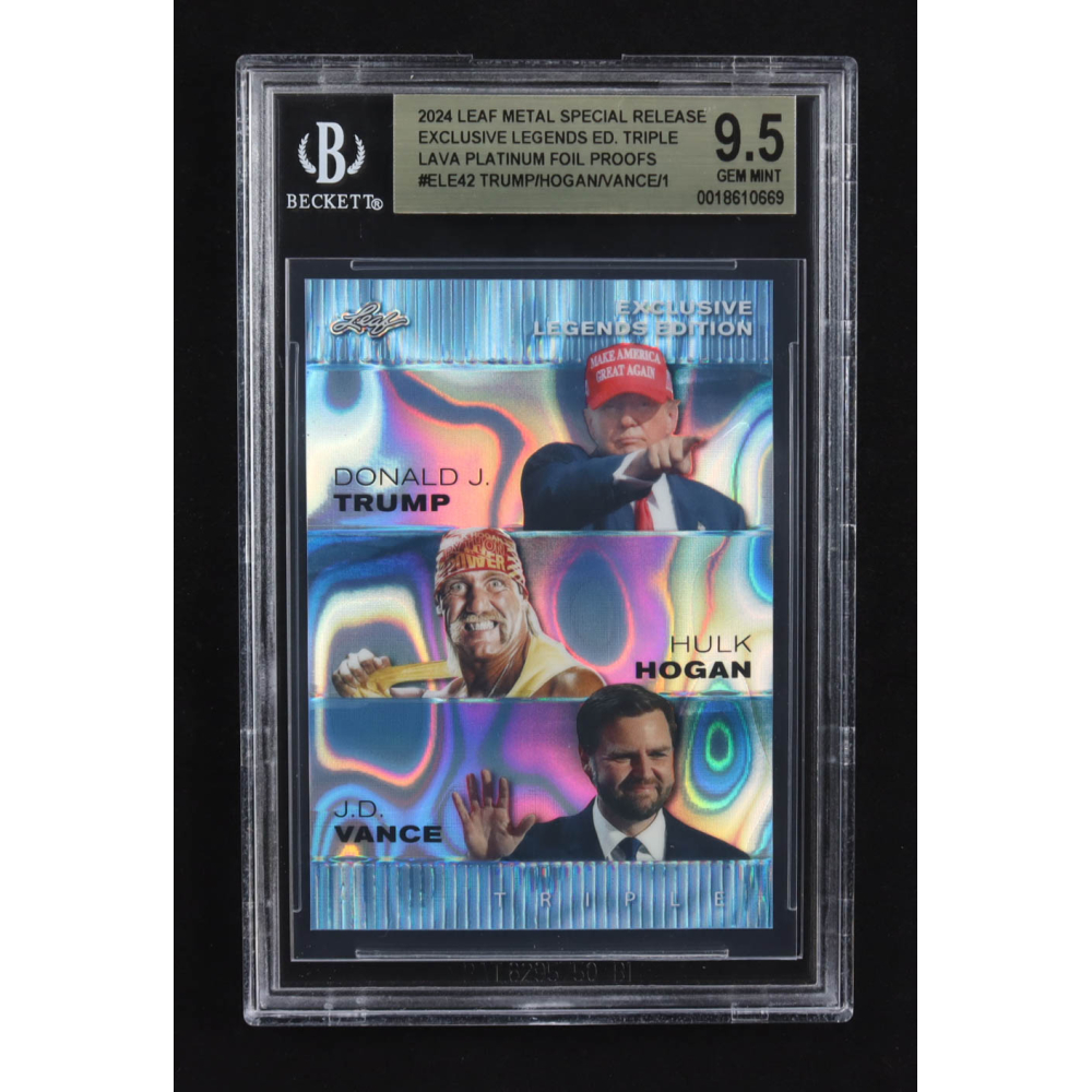 Donald J. Trump / Hulk Hogan / J.D. Vance 2024 Leaf Metal Special Release Exclusive Legends Ed. Triple Platinum Foil Proofs #ELE42 (BGS 9.5) at PristineAuction.com