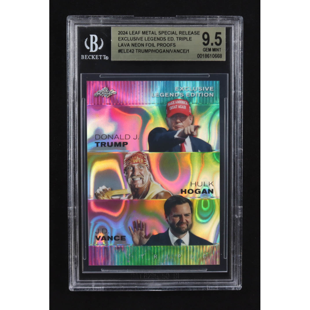 Donald J. Trump / Hulk Hogan / J.D. Vance 2024 Leaf Metal Special Release Exclusive Legends Ed. Triple Neon Foil Proofs #ELE42 (BGS 9.5) at PristineAuction.com