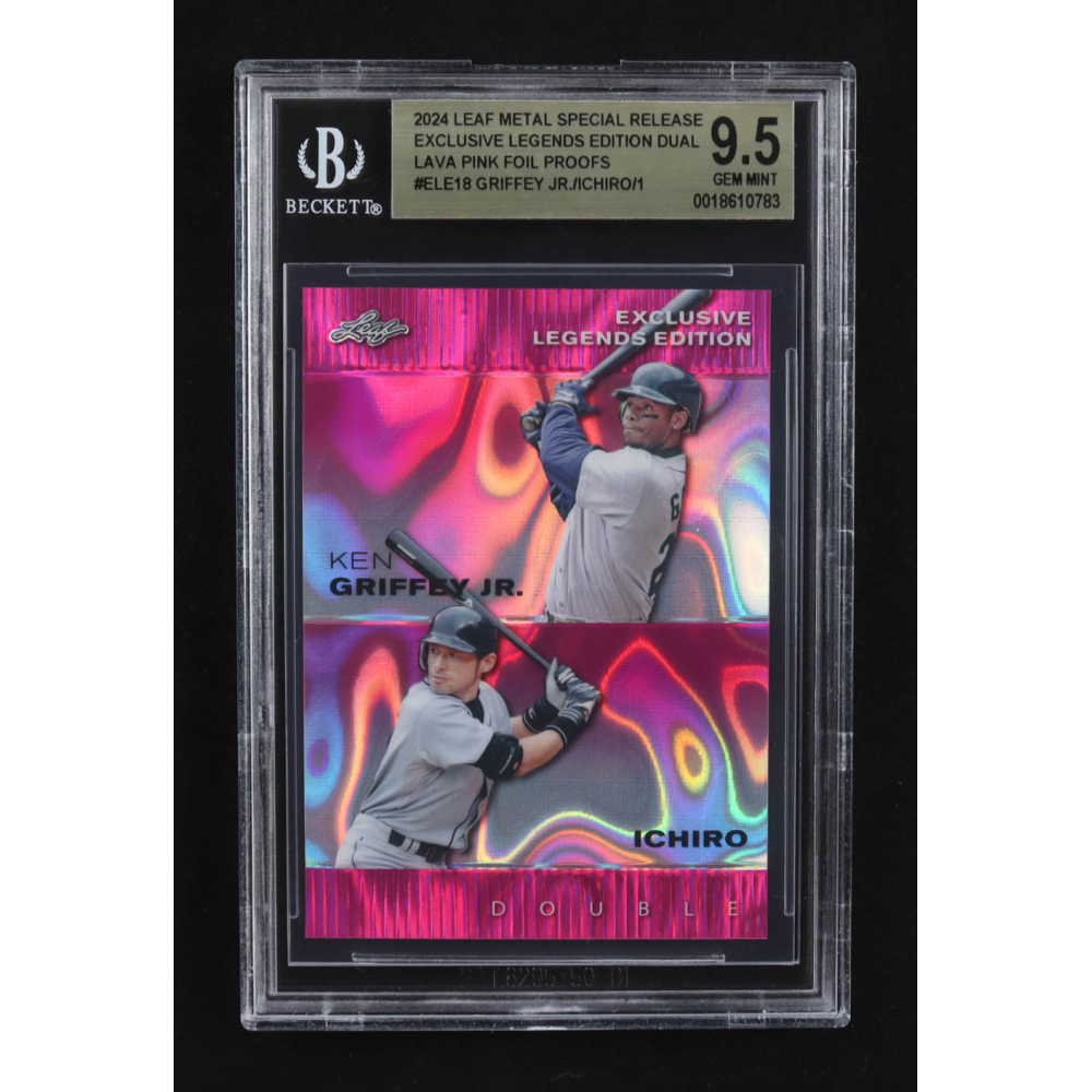 Ken Griffey Jr. / Ichiro Suzuki 2024 Leaf Metal Special Release Exclusive Legends Ed. Dual Lava PinkFoil Proofs #ELE18 #1/1 (BGS 9.5) at PristineAuction.com