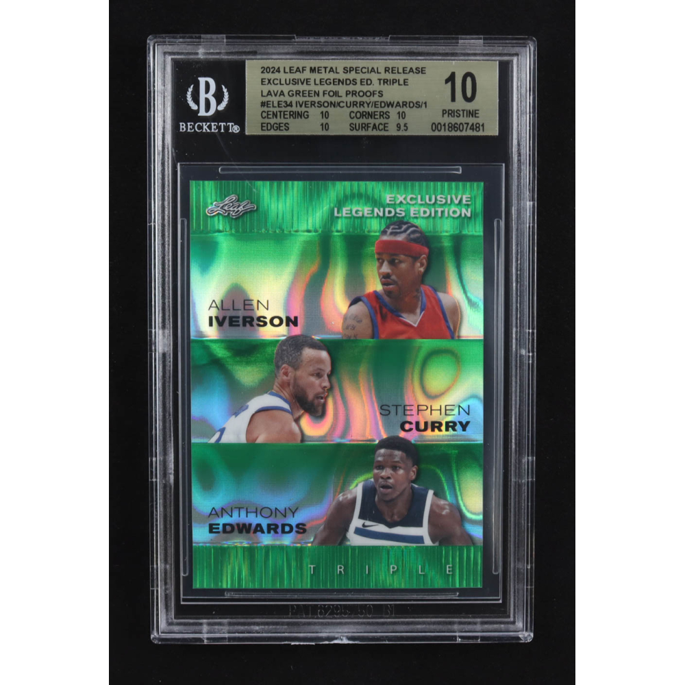 Allen Iverson / Anthony Edwards / Stephen Curry 2024 Leaf Metal Special Release Exclusive Legends Ed. Triple Lava Green Foil Proofs #ELE34 (BGS 10) at PristineAuction.com