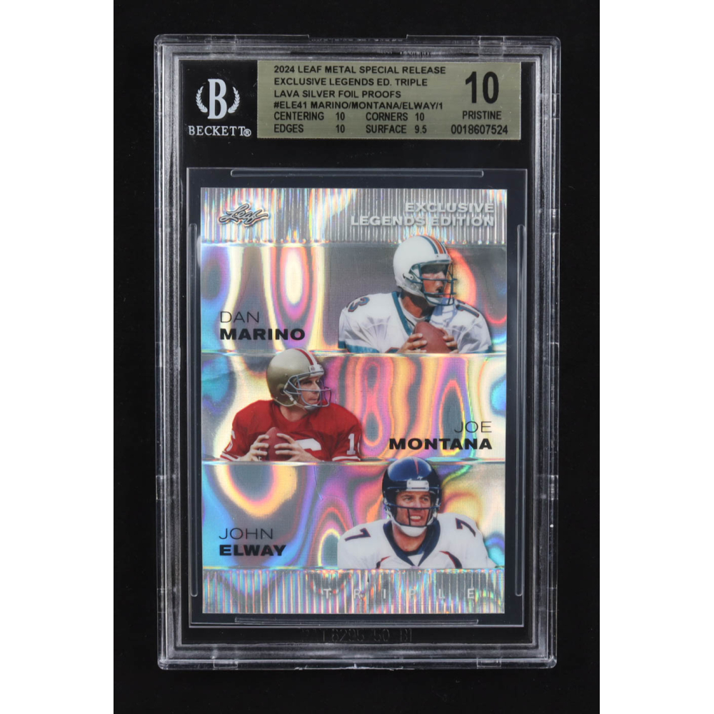 Dan Marino / Joe Montana / John Elway 2024 Leaf Metal Special Release Exclusive Legends Ed. Triple Lava Silver Foil Proofs #ELE41 (BGS 10) at PristineAuction.com