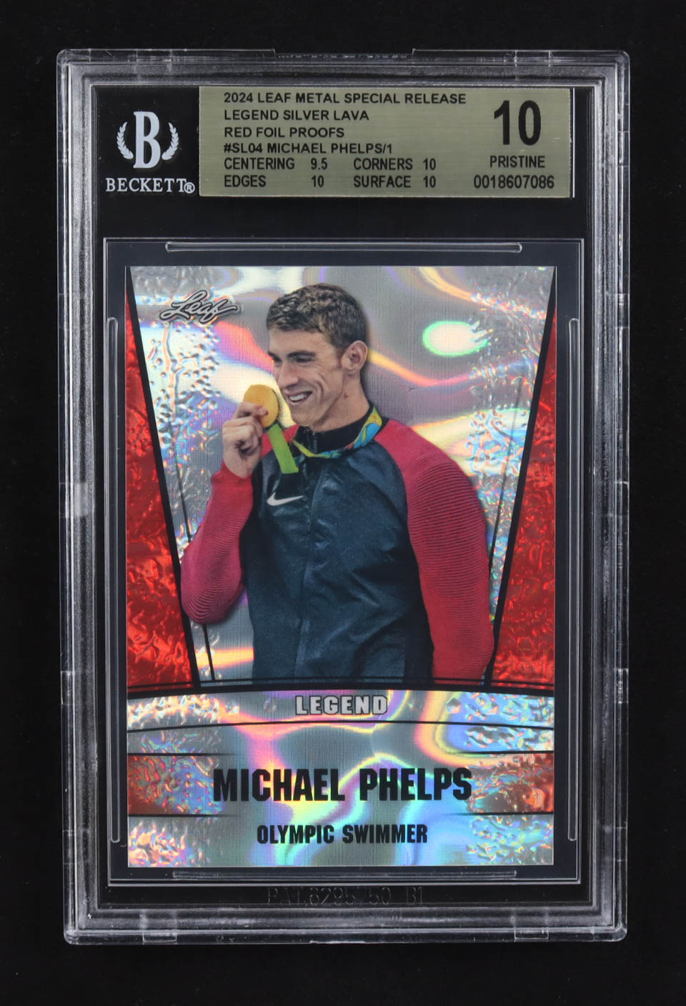 Michael Phelps 2024 Leaf Metal Special Release Prized Legend Silver Lava Red Foil Proofs #SL04 (BGS 10) at PristineAuction.com Michael Phelps 2024 Leaf Metal Special Release Prized Legend Silver Lava Red Foil Proofs #SL04 (BGS 10) at PristineAuction.com
