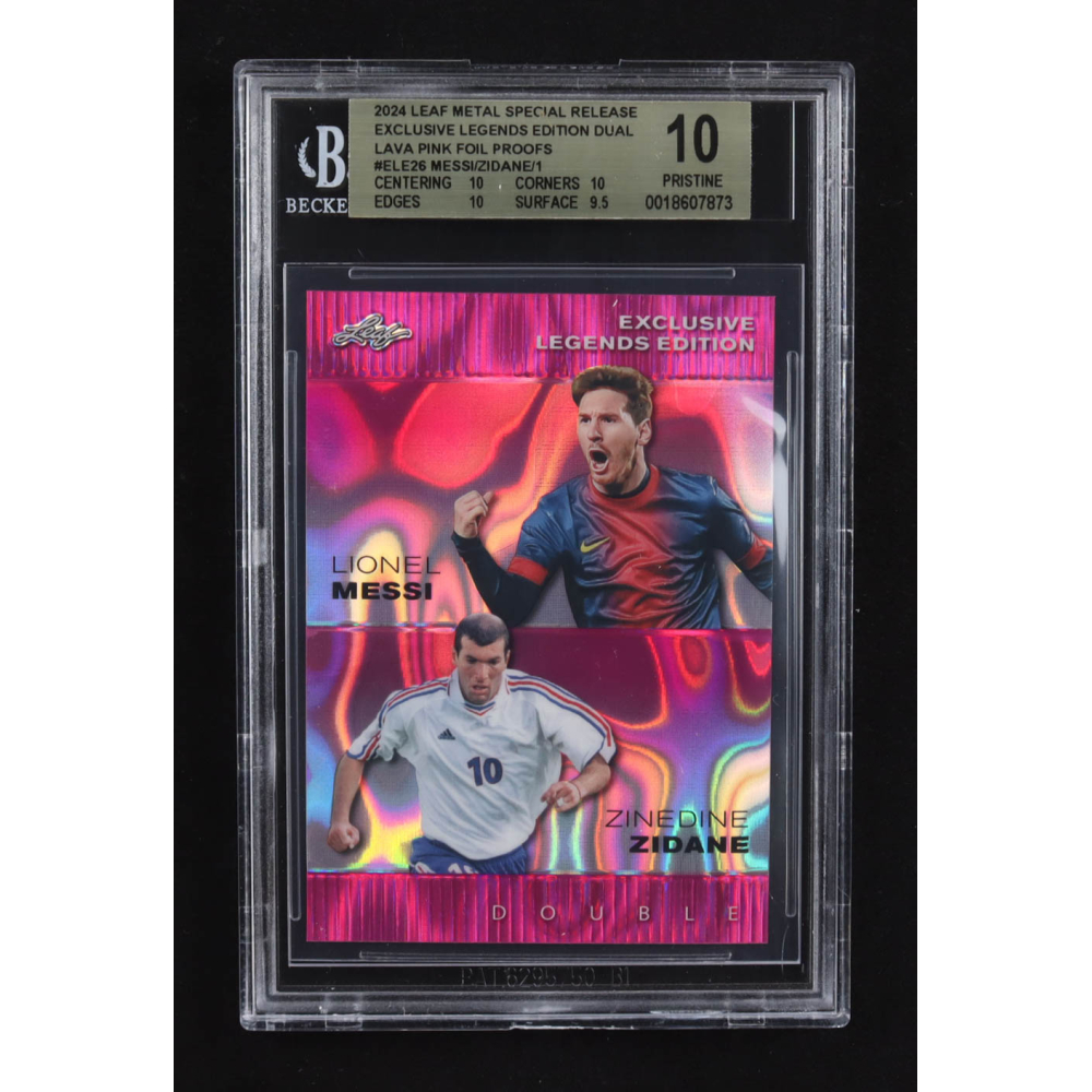 Lionel Messi / Zinedine Zidane 2024 Leaf Metal Special Release Exclusive Legends Ed. Dual Lava Pink Foil Proofs #ELE26 (BGS 10) at PristineAuction.com