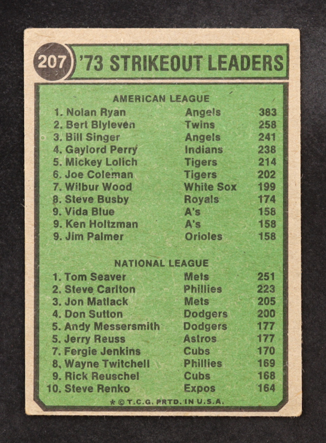 Nolan Ryan / Tom Seaver 1974 Topps #207 Strikeout Leaders at PristineAuction.com Nolan Ryan / Tom Seaver 1974 Topps #207 Strikeout Leaders at PristineAuction.com