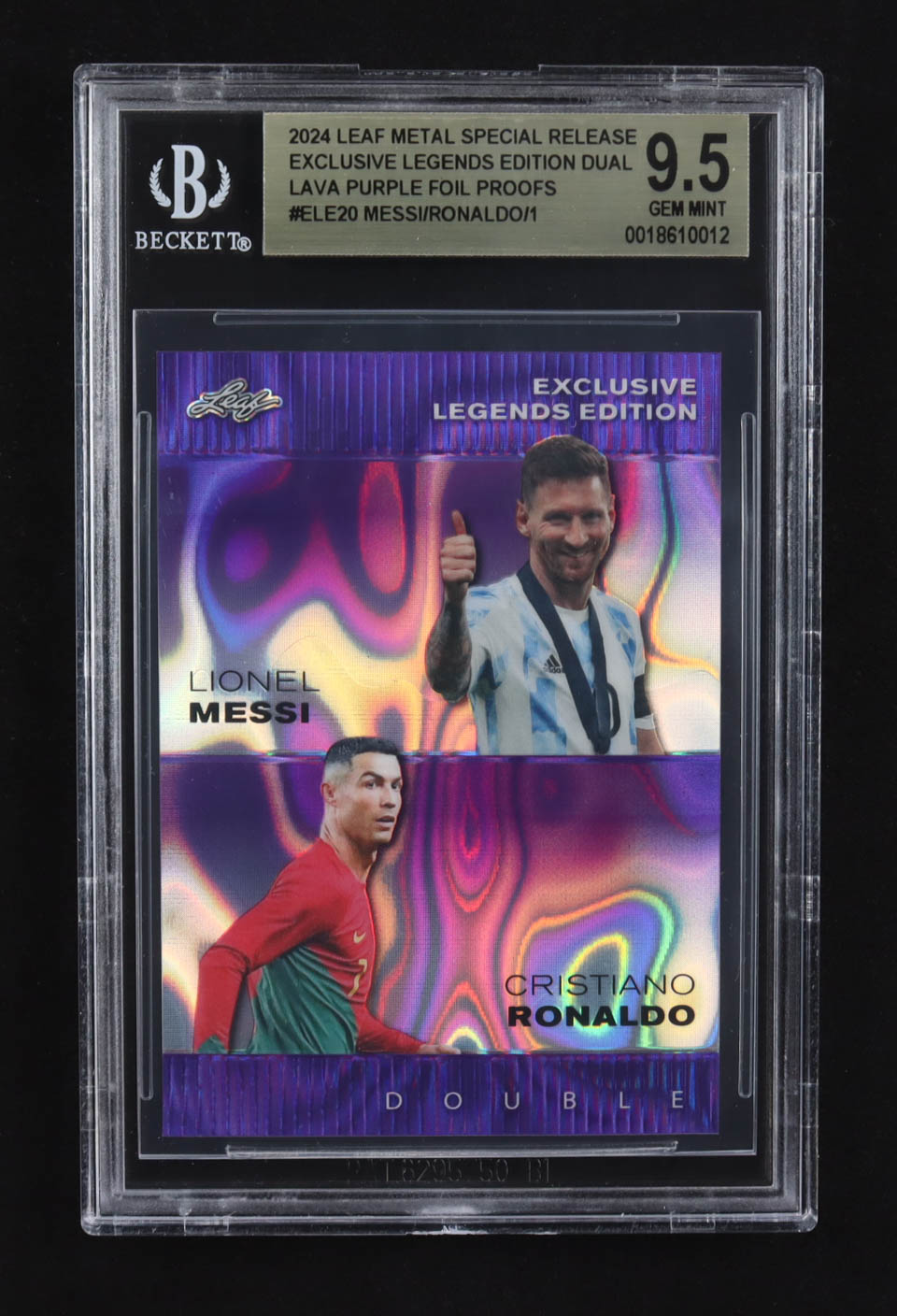 Lionel Messi / Cristiano Ronaldo 2024 Leaf Metal Special Release Exclusive Legends Ed. Dual Lava Purple Foil Proofs #ELE20 (BGS 9.5) at PristineAuction.com Lionel Messi / Cristiano Ronaldo 2024 Leaf Metal Special Release Exclusive Legends Ed. Dual Lava Purple Foil Proofs #ELE20 (BGS 9.5) at PristineAuction.com