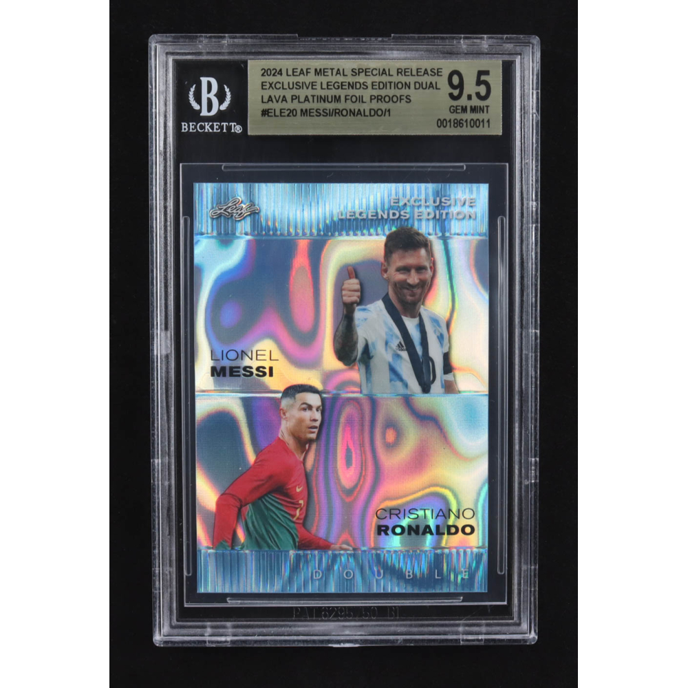 Lionel Messi / Cristiano Ronaldo 2024 Leaf Metal Special Release Exclusive Legends Ed. Dual Lava Platinum Foil Proofs #ELE20 (BGS 9.5) at PristineAuction.com