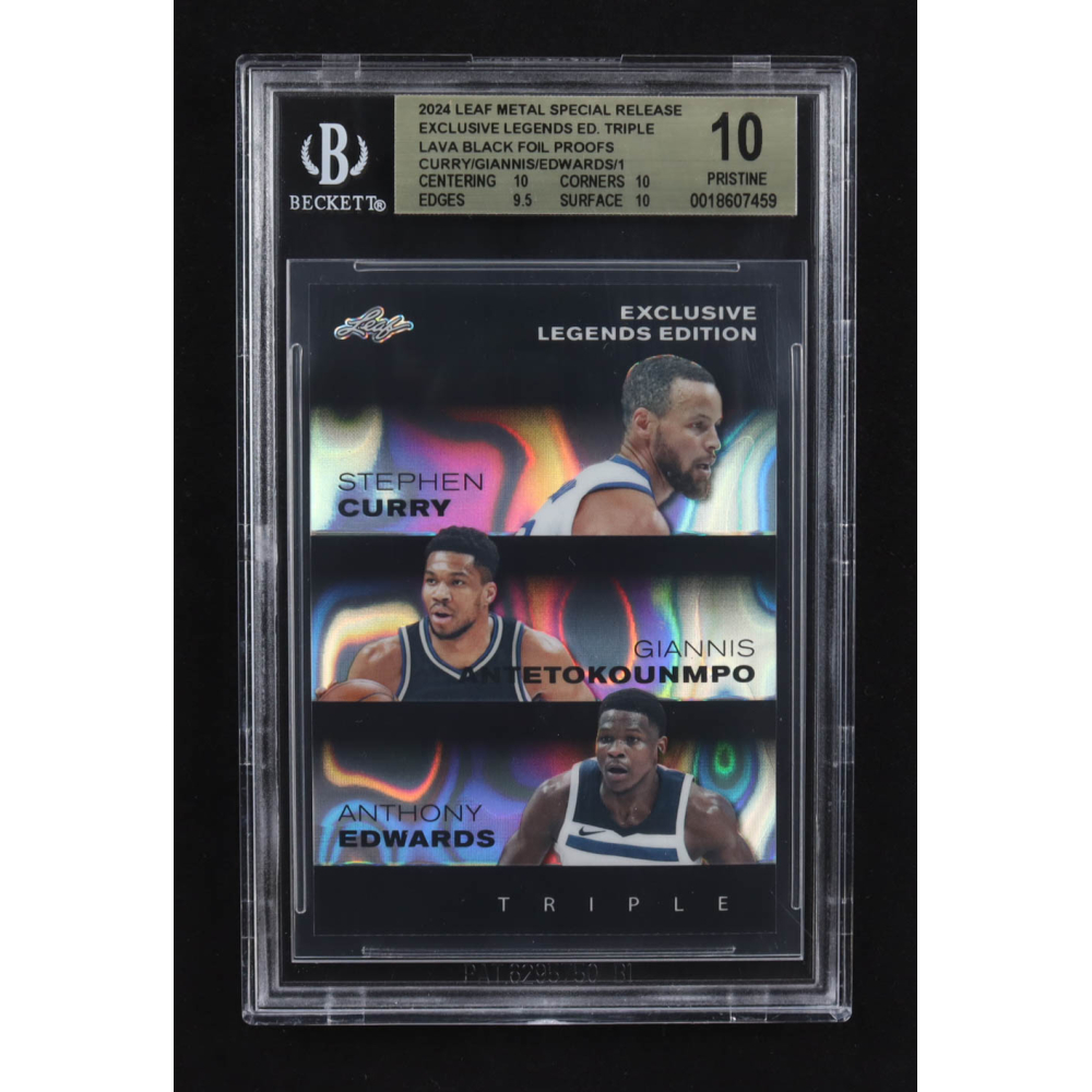 Giannis Antekounmpo / Anthony Edwards / Stephen Curry 2024 Leaf Metal Special Release Exclusive Legends Ed. Triple Lava Black Foil Proofs (BGS 10) at PristineAuction.com