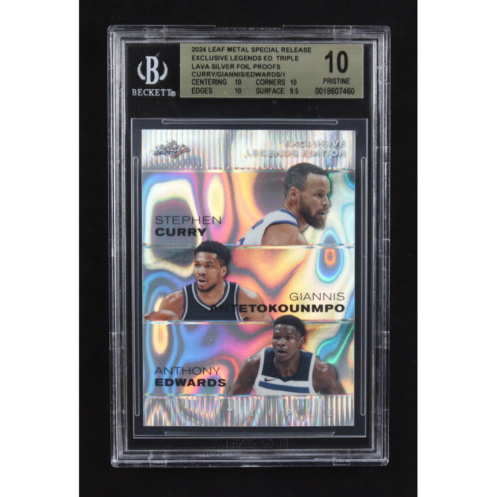 Giannis Antekounmpo / Anthony Edwards / Stephen Curry 2024 Leaf Metal Special Release Exclusive Legends Ed. Triple Lava Silver Foil Proofs (BGS 10) at PristineAuction.com
