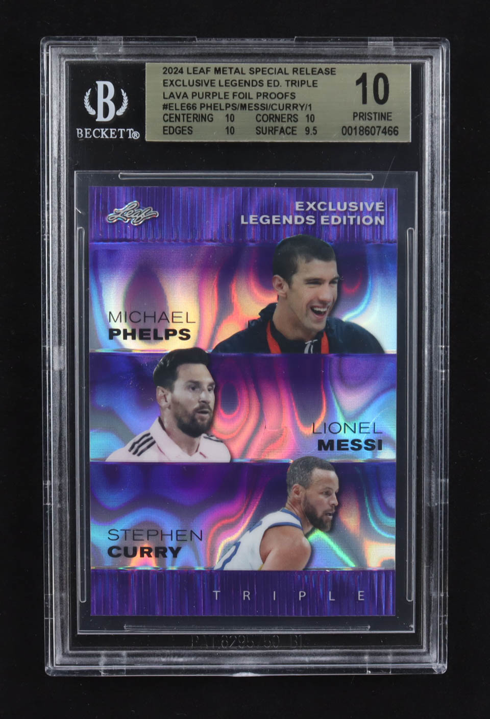 Lionel Messi / Michael Phelps / Stephen Curry 2024 Leaf Metal Special Release Exclusive Legends Ed. Triple Lava Purple Foil Proofs #ELE66 (BGS 10) at PristineAuction.com Lionel Messi / Michael Phelps / Stephen Curry 2024 Leaf Metal Special Release Exclusive Legends Ed. Triple Lava Purple Foil Proofs #ELE66 (BGS 10) at PristineAuction.com