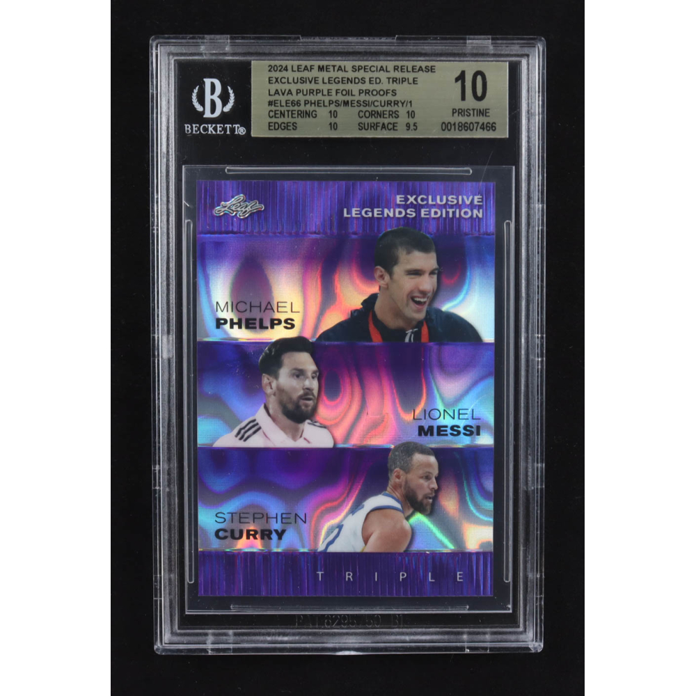 Lionel Messi / Michael Phelps / Stephen Curry 2024 Leaf Metal Special Release Exclusive Legends Ed. Triple Lava Purple Foil Proofs #ELE66 (BGS 10) at PristineAuction.com
