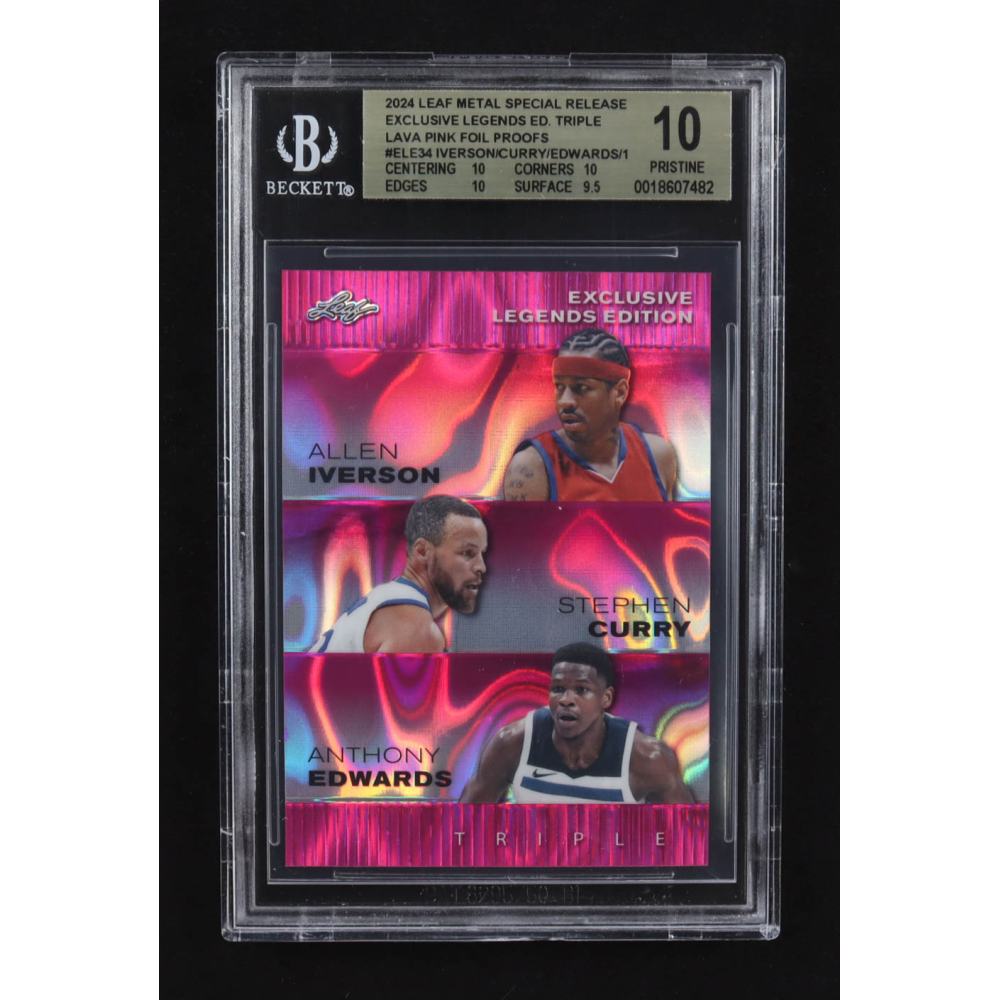 Allen Iverson / Anthony Edwards / Stephen Curry 2024 Leaf Metal Special Release Exclusive Legends Ed. Triple Lava Pink Foil Proofs #ELE34 (BGS 10) at PristineAuction.com