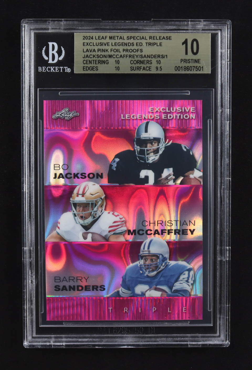 Christian Mccaffrey / Bo Jackson / Barry Sanders 2024 Leaf Metal Special Release Exclusive Legends Ed. Triple Lava Pink Foil Proofs (BGS 10) at PristineAuction.com Christian Mccaffrey / Bo Jackson / Barry Sanders 2024 Leaf Metal Special Release Exclusive Legends Ed. Triple Lava Pink Foil Proofs (BGS 10) at PristineAuction.com