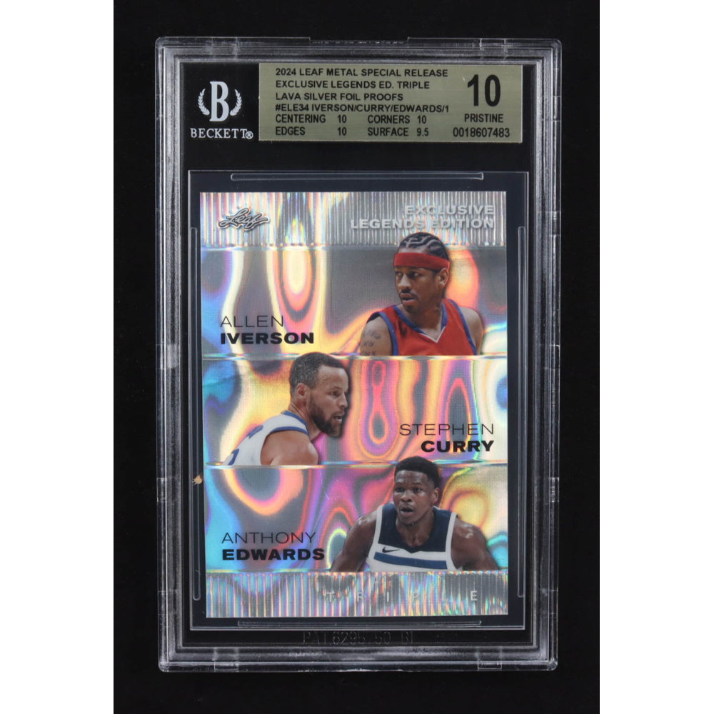 Allen Iverson / Anthony Edwards / Stephen Curry 2024 Leaf Metal Special Release Exclusive Legends Ed. Triple Lava Silver Foil Proofs #ELE34 (BGS 10) at PristineAuction.com