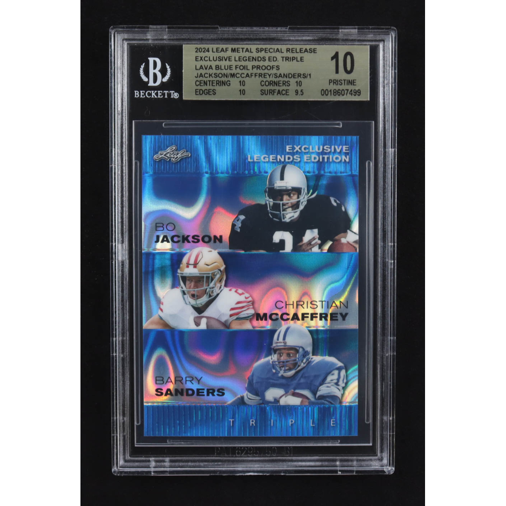 Christian Mccaffrey / Bo Jackson / Barry Sanders 2024 Leaf Metal Special Release Exclusive Legends Ed. Triple Lava Blue Foil Proofs (BGS 10) at PristineAuction.com