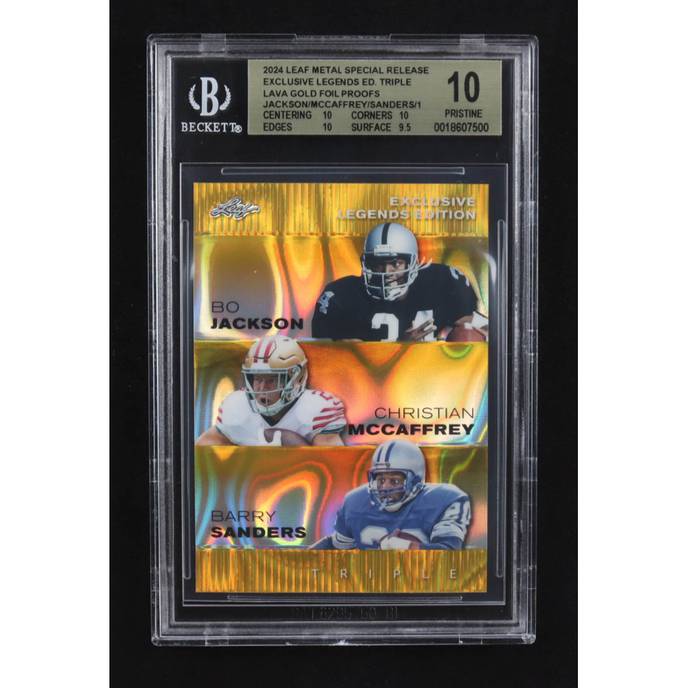 Christian Mccaffrey / Bo Jackson / Barry Sanders 2024 Leaf Metal Special Release Exclusive Legends Ed. Triple Lava Gold Foil Proofs (BGS 10) at PristineAuction.com