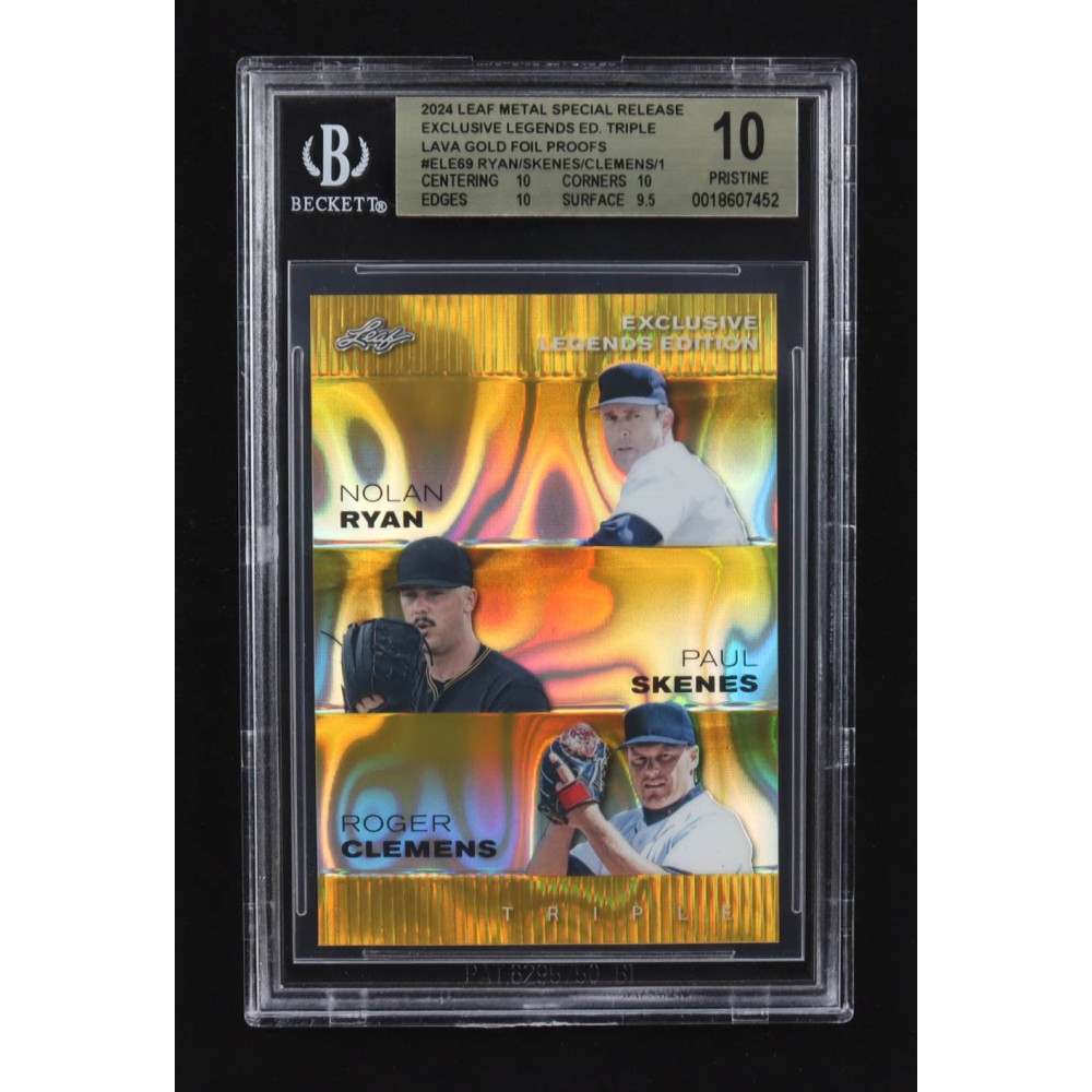 Paul Skenes / Nolan Ryan / Roger Clemens 2024 Leaf Metal Special Release Exclusive Legends Ed. Triple Lava Gold Foil Proofs #ELE69 RC (BGS 10) at PristineAuction.com