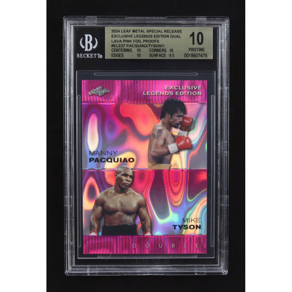 Mike Tyson / Manny Pacquiao 2024 Leaf Metal Special Release Exclusive Legends Ed. Dual Lava Pink Foil Proofs #ELE27 #1/1 (BGS 10) at PristineAuction.com
