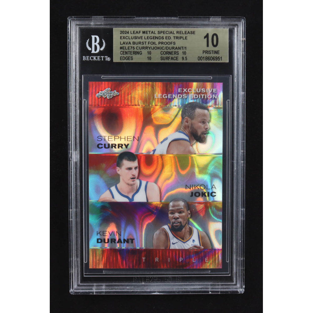 Nikola Jokic / Kevin Durant / Stephen Curry 2024 Leaf Metal Special Release Exclusive Legends Ed. Triple Lava Burst Foil Proofs #ELE75 #1/1 (BGS 10) at PristineAuction.com