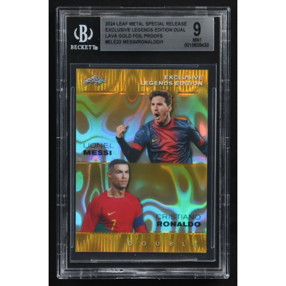 Lionel Messi / Cristiano Ronaldo 2024 Leaf Metal Special Release Exclusive Legends Ed. Dual Lava Gold Foil Proofs #ELE22 (BGS 9) at PristineAuction.com
