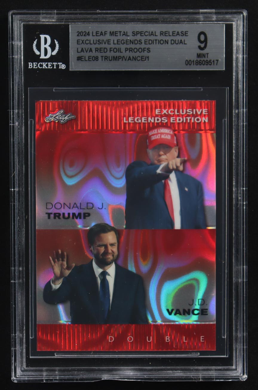 J.D. Vance / Donald J. Trump 2024 Leaf Metal Special Release Exclusive Legends Ed. Dual Lava Red Foil Proofs #ELE08 (BGS 9) at PristineAuction.com J.D. Vance / Donald J. Trump 2024 Leaf Metal Special Release Exclusive Legends Ed. Dual Lava Red Foil Proofs #ELE08 (BGS 9) at PristineAuction.com