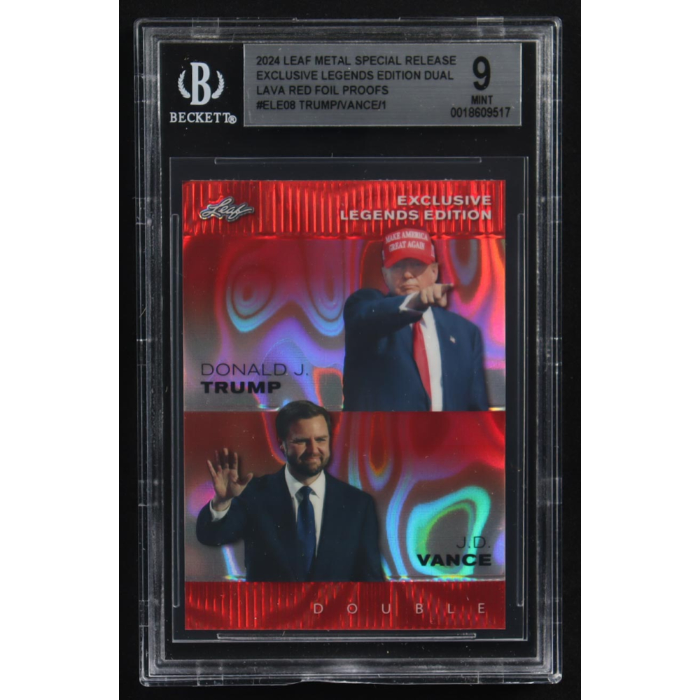 J.D. Vance / Donald J. Trump 2024 Leaf Metal Special Release Exclusive Legends Ed. Dual Lava Red Foil Proofs #ELE08 (BGS 9) at PristineAuction.com
