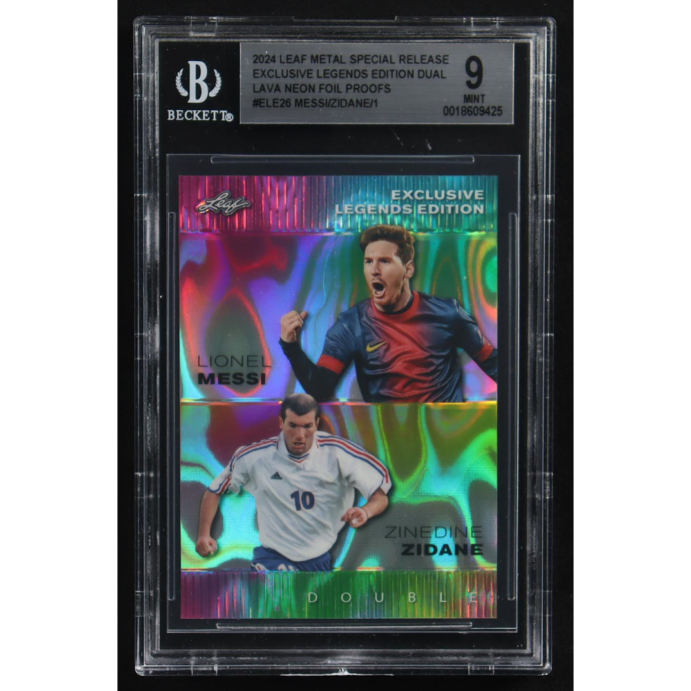Lionel Messi / Zinedine Zidane 2024 Leaf Metal Special Release Exclusive Legends Ed. Dual Lava Neon Foil Proofs #ELE26 (BGS 9) at PristineAuction.com