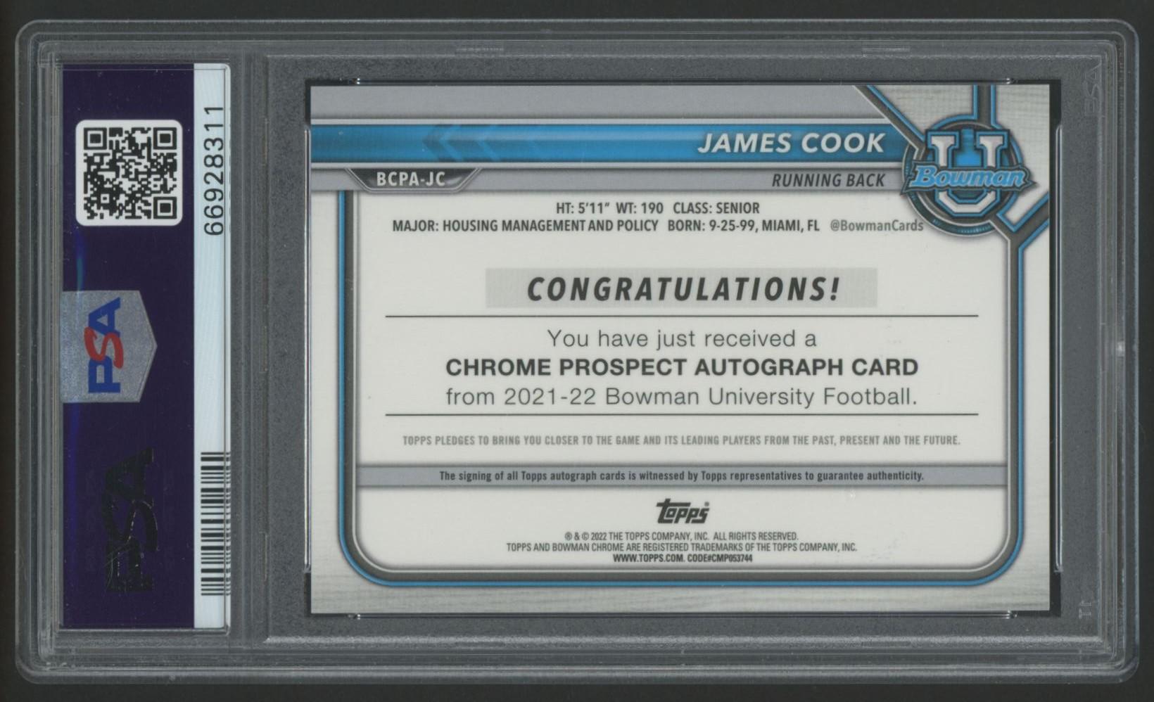 James Cook 2021 Bowman Chrome University Prospect Autographs #BCPAJC (PSA 9) at PristineAuction.com James Cook 2021 Bowman Chrome University Prospect Autographs #BCPAJC (PSA 9) at PristineAuction.com