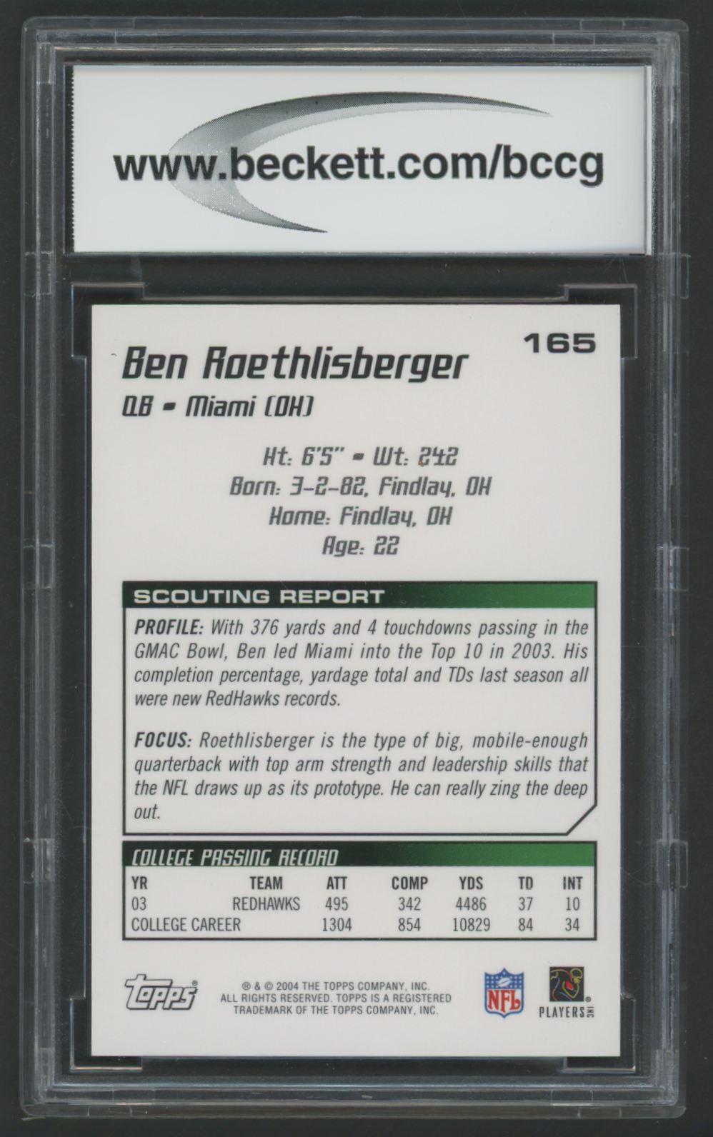 Ben Roethlisberger 2004 Topps Chrome Draft Picks and Prospects #165 RC (BCCG 10) at PristineAuction.com Ben Roethlisberger 2004 Topps Chrome Draft Picks and Prospects #165 RC (BCCG 10) at PristineAuction.com