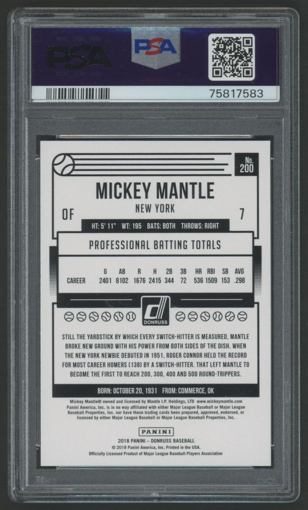Mickey Mantle 2018 Donruss #200 (PSA 10) at PristineAuction.com Mickey Mantle 2018 Donruss #200 (PSA 10) at PristineAuction.com