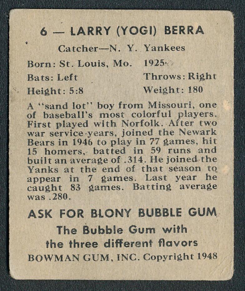 Yogi Berra 1948 Bowman #6 RC at PristineAuction.com Yogi Berra 1948 Bowman #6 RC at PristineAuction.com