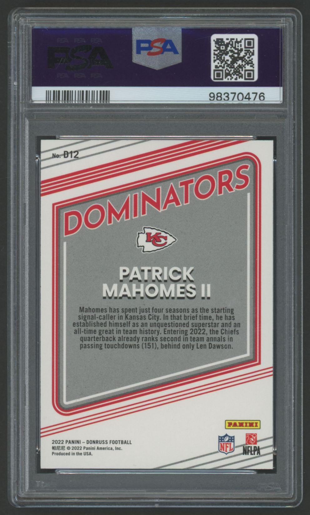 Patrick Mahomes II 2022 Donruss Dominators #D12 (PSA 10) at PristineAuction.com Patrick Mahomes II 2022 Donruss Dominators #D12 (PSA 10) at PristineAuction.com
