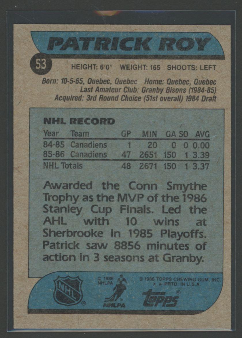 Patrick Roy 1986 Topps #53 RC at PristineAuction.com Patrick Roy 1986 Topps #53 RC at PristineAuction.com