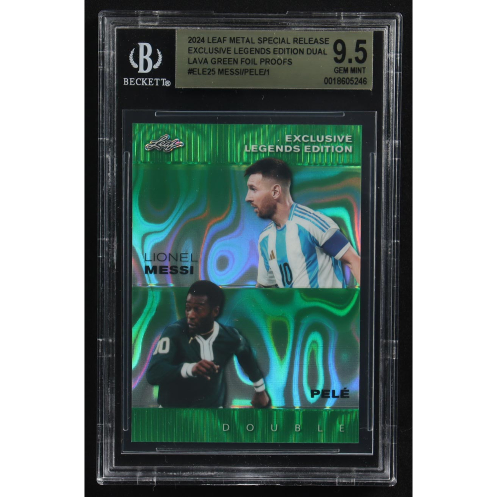 Lionel Messi / Pele 2024 Leaf Metal Special Release Exclusive Legends Ed. Dual Lava Green Foil Proofs #ELE25 (BGS 9.5) at PristineAuction.com
