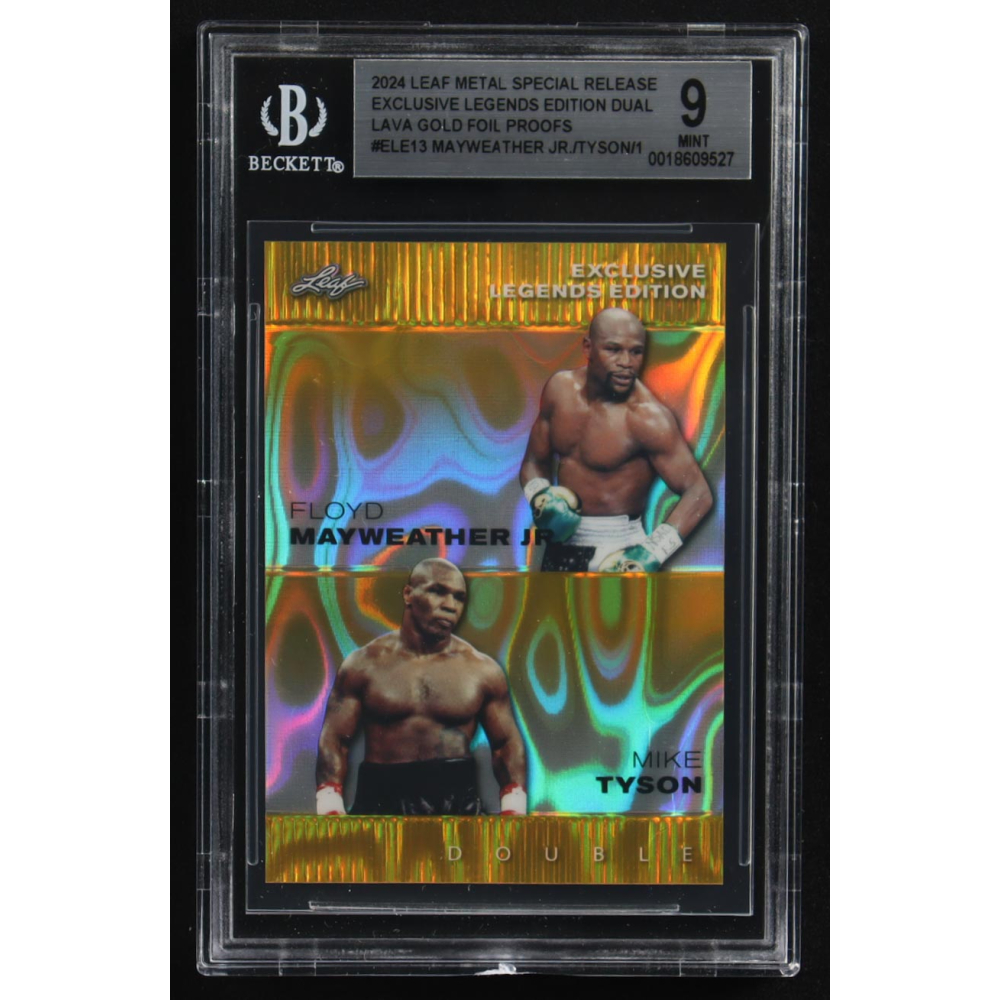 Mike Tyson / Floyd Mayweather Jr. 2024 Leaf Metal Special Release Exclusive Legends Ed. Dual Lava Gold Foil Proofs #ELE13 (BGS 9) at PristineAuction.com