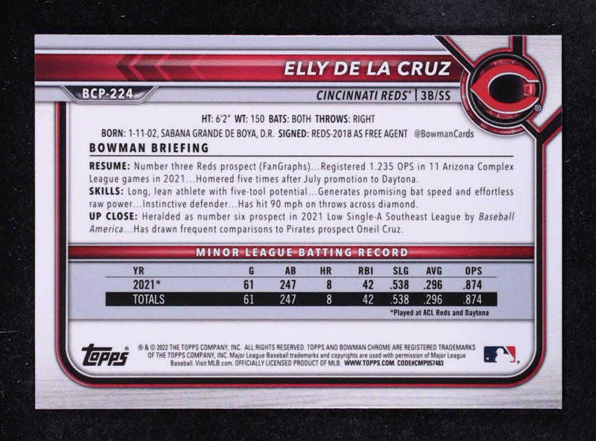 Elly De LA Cruz 2022 Bowman Chrome Sapphire Prospects #BCP224 RC at PristineAuction.com Elly De LA Cruz 2022 Bowman Chrome Sapphire Prospects #BCP224 RC at PristineAuction.com