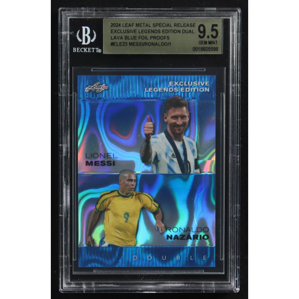 Lionel Messi / Ronaldo Nazario 2024 Leaf Metal Special Release Exclusive Legends Ed. Dual Lava Blue Foil Proofs #ELE23 (BGS 9.5) at PristineAuction.com