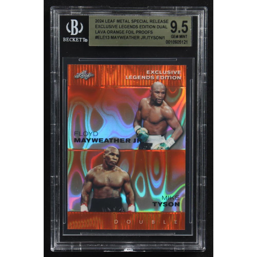 Mike Tyson / Floyd Mayweather Jr. 2024 Leaf Metal Special Release Exclusive Legends Ed. Dual Lava Orange Foil Proofs #ELE13 (BGS 9.5) at PristineAuction.com