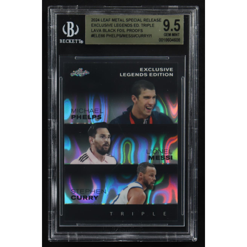 Lionel Messi / Michael Phelps / Stephen Curry 2024 Leaf Metal Special Release Exclusive Legends Ed. Triple Lava Black Foil Proofs #ELE66 (BGS 9.5) at PristineAuction.com