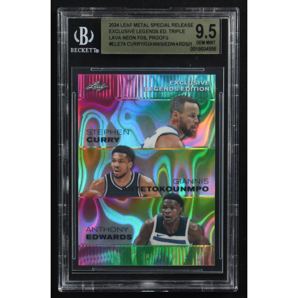 Giannis Antekounmpo / Anthony Edwards / Stephen Curry 2024 Leaf Metal Special Release Exclusive Legends Ed. Triple Lava Neon Foil Proofs #ELE74 (BGS 9.5) at PristineAuction.com