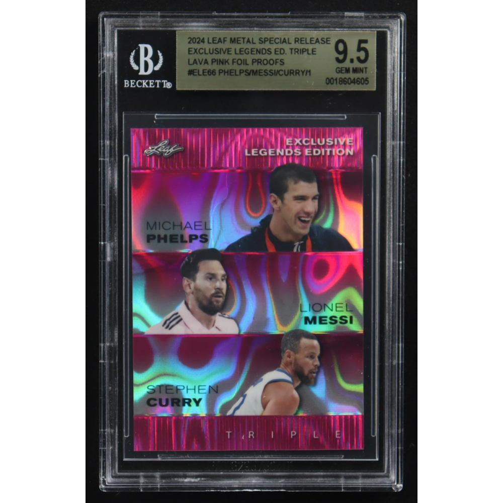 Lionel Messi / Michael Phelps / Stephen Curry 2024 Leaf Metal Special Release Exclusive Legends Ed. Triple Lava Pink Foil Proofs #ELE66 (BGS 9.5) at PristineAuction.com