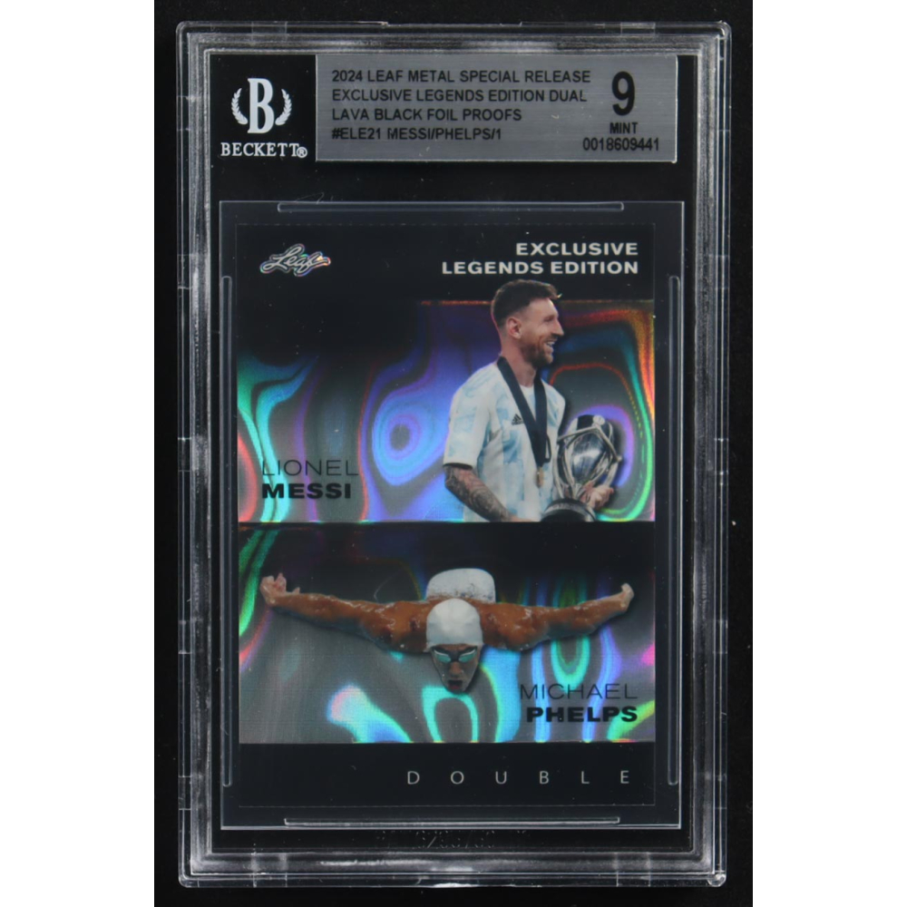 Lionel Messi / Michael Phelps 2024 Leaf Metal Special Release Exclusive Legends Ed. Dual Lava Black Foil Proofs #ELE21 (BGS 9) at PristineAuction.com