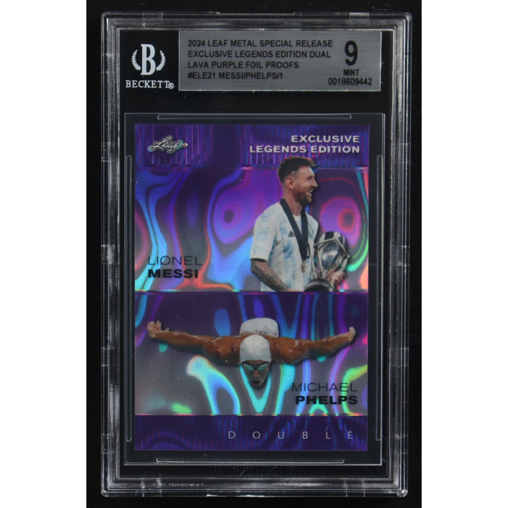 Lionel Messi / Michael Phelps 2024 Leaf Metal Special Release Exclusive Legends Ed. Dual Lava Purple Foil Proofs #ELE21 (BGS 9) at PristineAuction.com