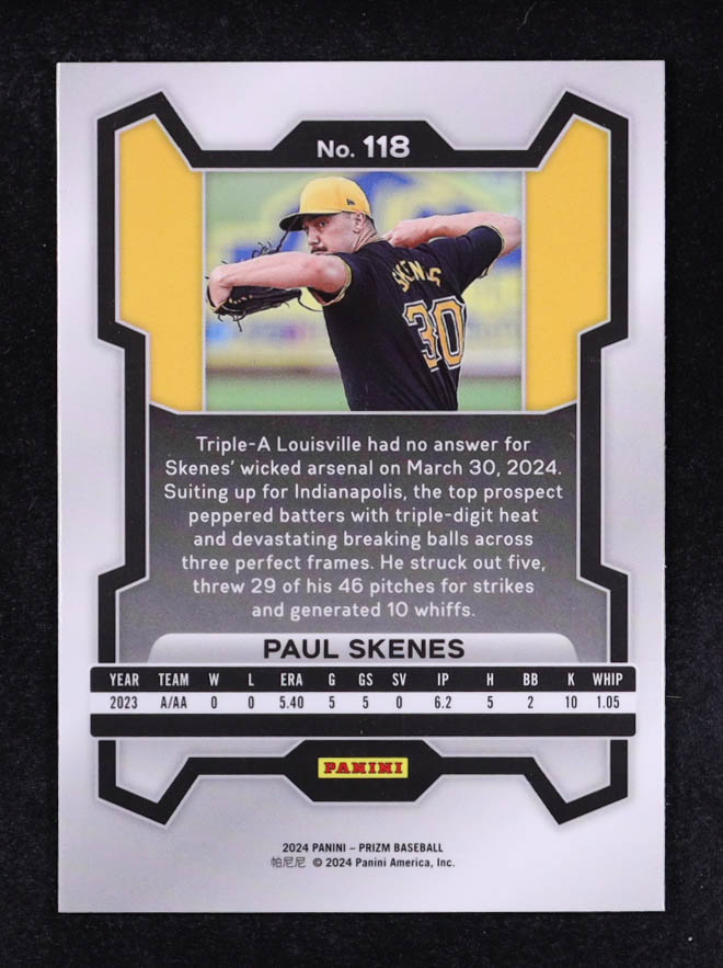 Paul Skenes 2024 Panini Prizm #118 RC at PristineAuction.com Paul Skenes 2024 Panini Prizm #118 RC at PristineAuction.com
