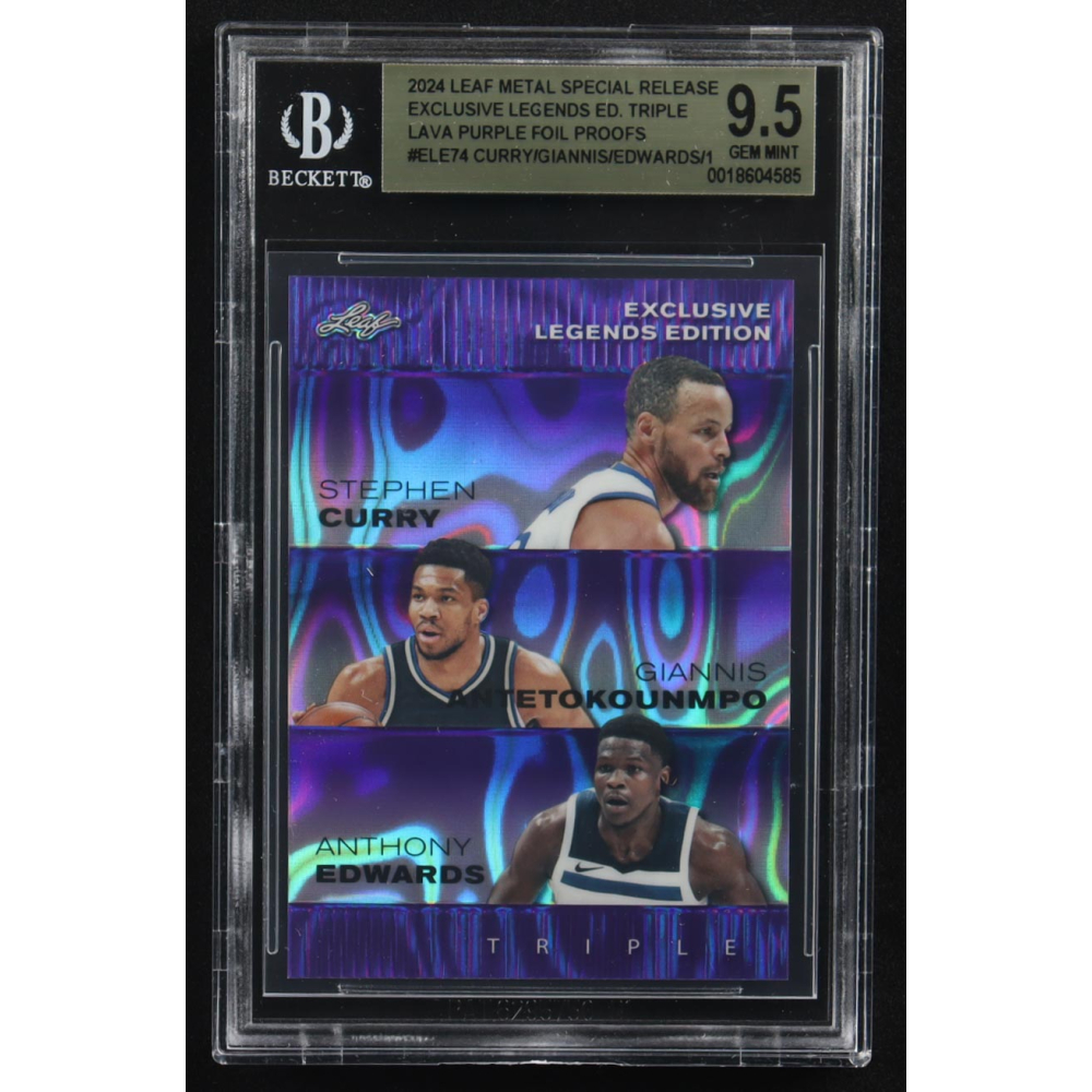 Giannis Antekounmpo / Anthony Edwards / Stephen Curry 2024 Leaf Metal Special Release Exclusive Legends Ed. Triple Lava Purple Foil Proofs #ELE74 (BGS 9.5) at PristineAuction.com
